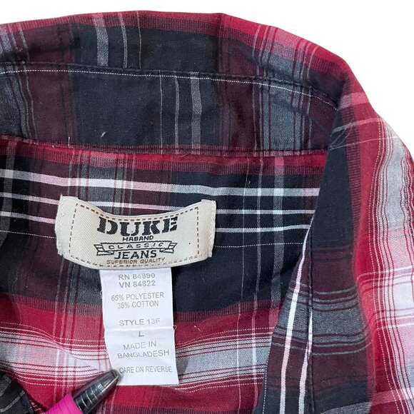 Duke Haband Western Shirt Men's Size Large Red Black Plaid Pearl Snaps Cowboy - Picture 2 of 5